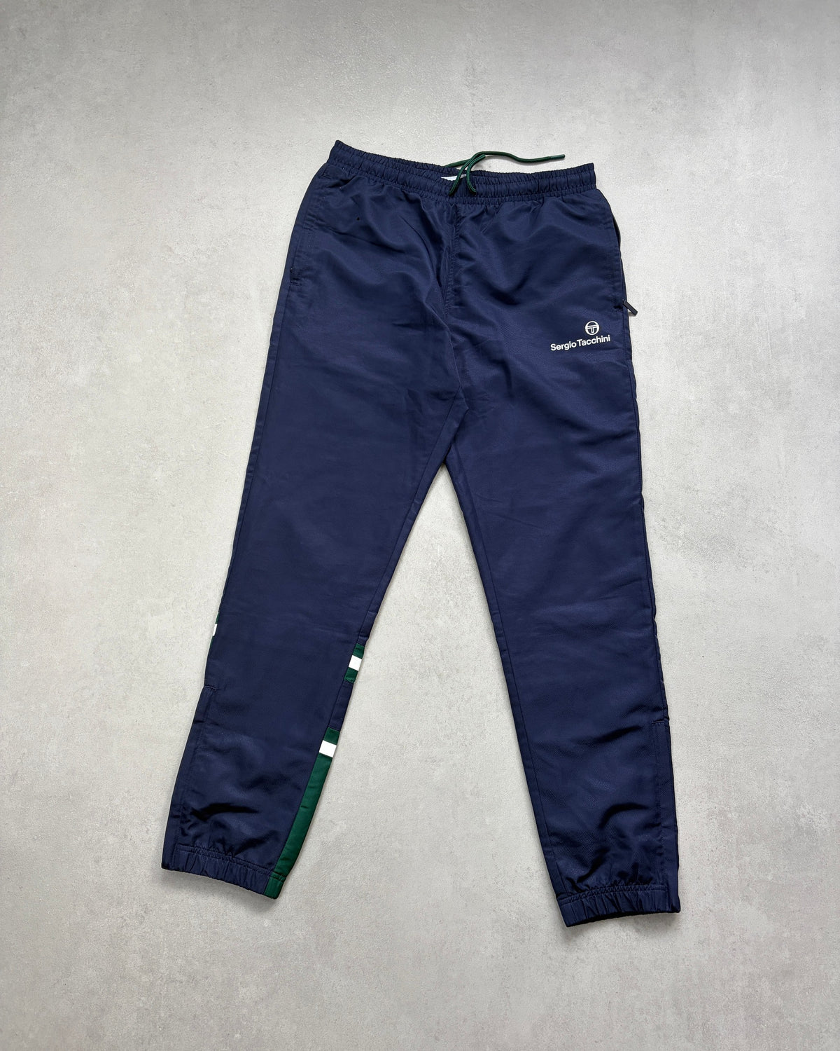 Sergio Tacchini Trainingshose Navy-Grün mit Seitenstreifen Größe M – Vorderseite