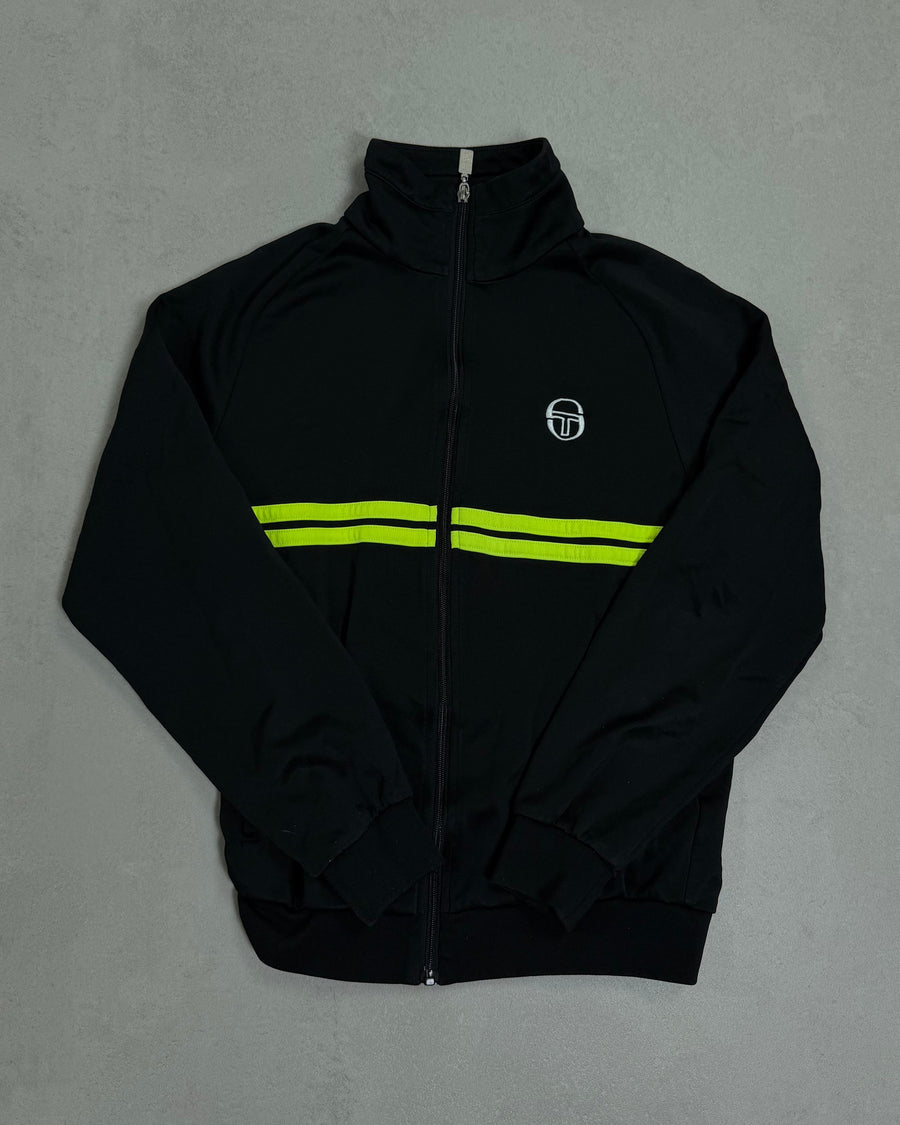 Sergio Tacchini Trainingsjacke Schwarz mit neongelben Streifen – Vorderseite