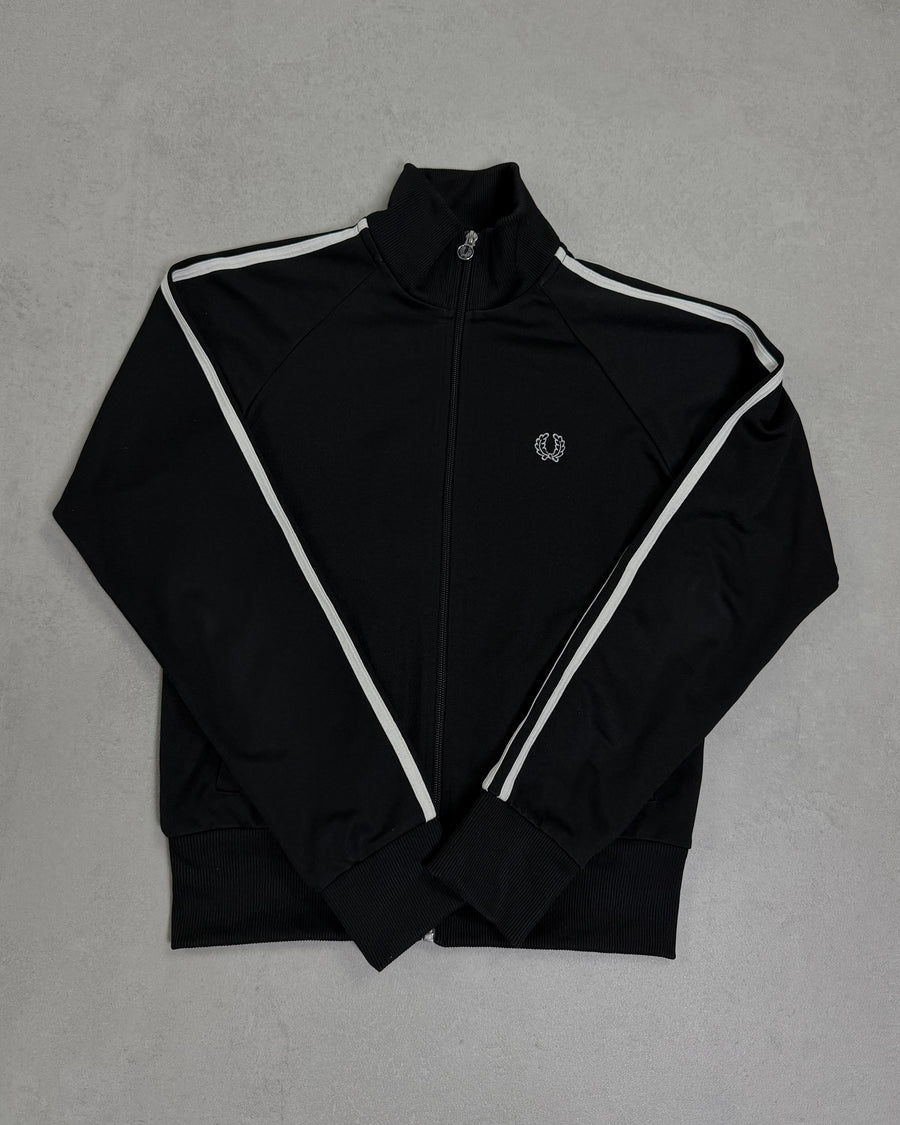Fred Perry Damen-Trainingsjacke Schwarz mit weißen Streifen – Vorderseite