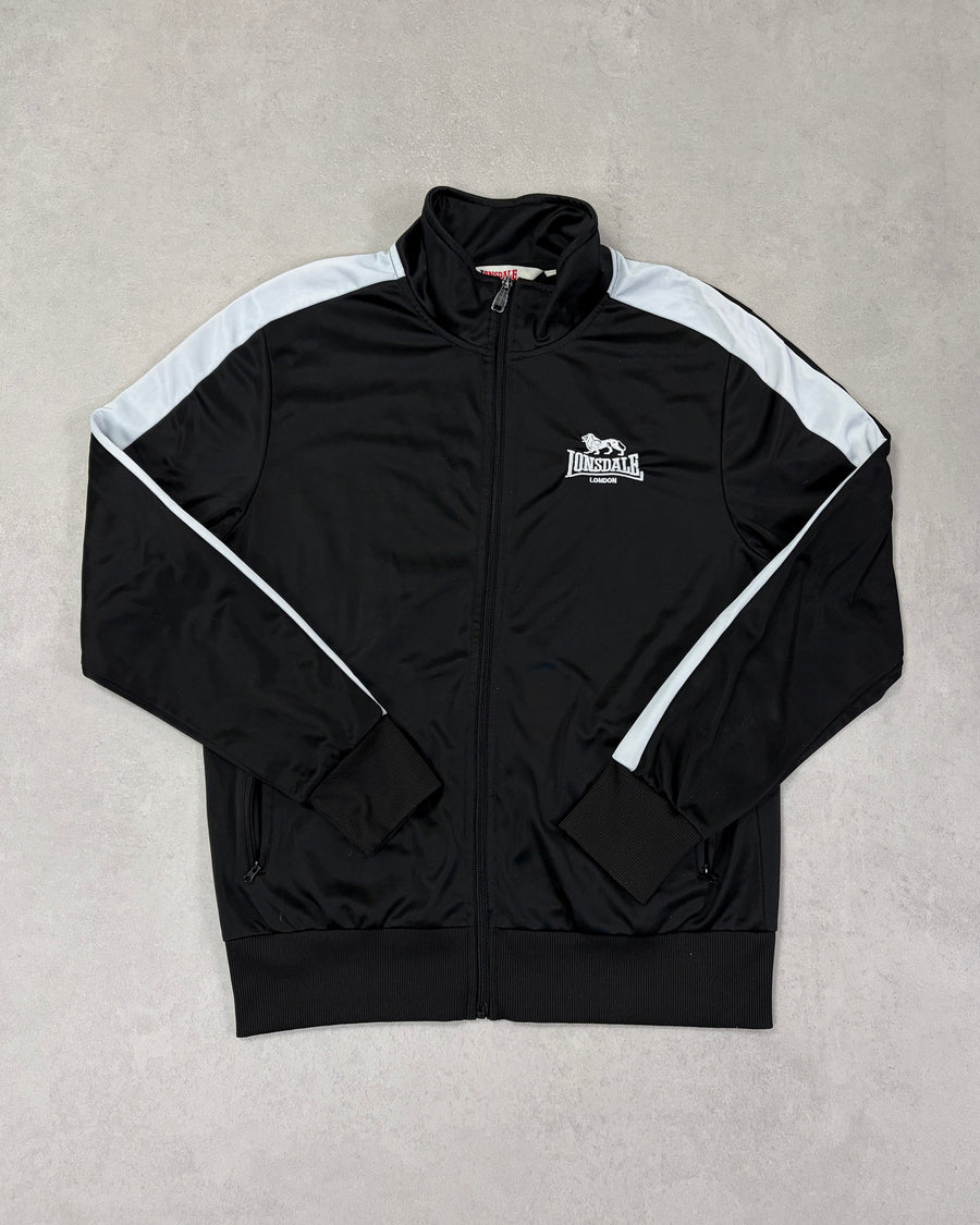 Lonsdale Trainingsjacke Schwarz mit weißen Schultereinsätzen – Vorderseite