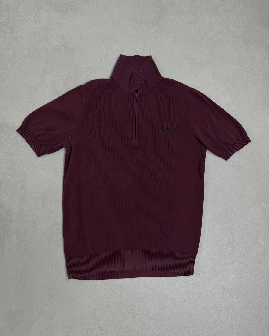 Fred Perry Strick-Poloshirt Bordeaux mit Zip Größe S – Vorderseite