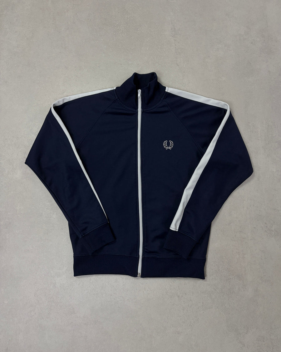 Fred Perry Trainingsjacke Navy mit weißem Streifen Größe L – Vorderseite