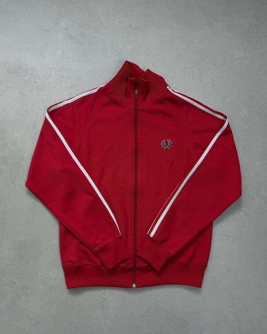 Fred Perry Trainingsjacke Rot mit weißen Ärmelstreifen Größe S – Vorderseite