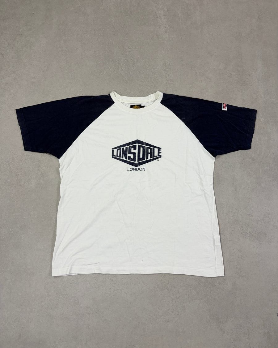 Lonsdale Raglan T-Shirt Weiß-Navy mit Logo Größe XL – Vorderseite