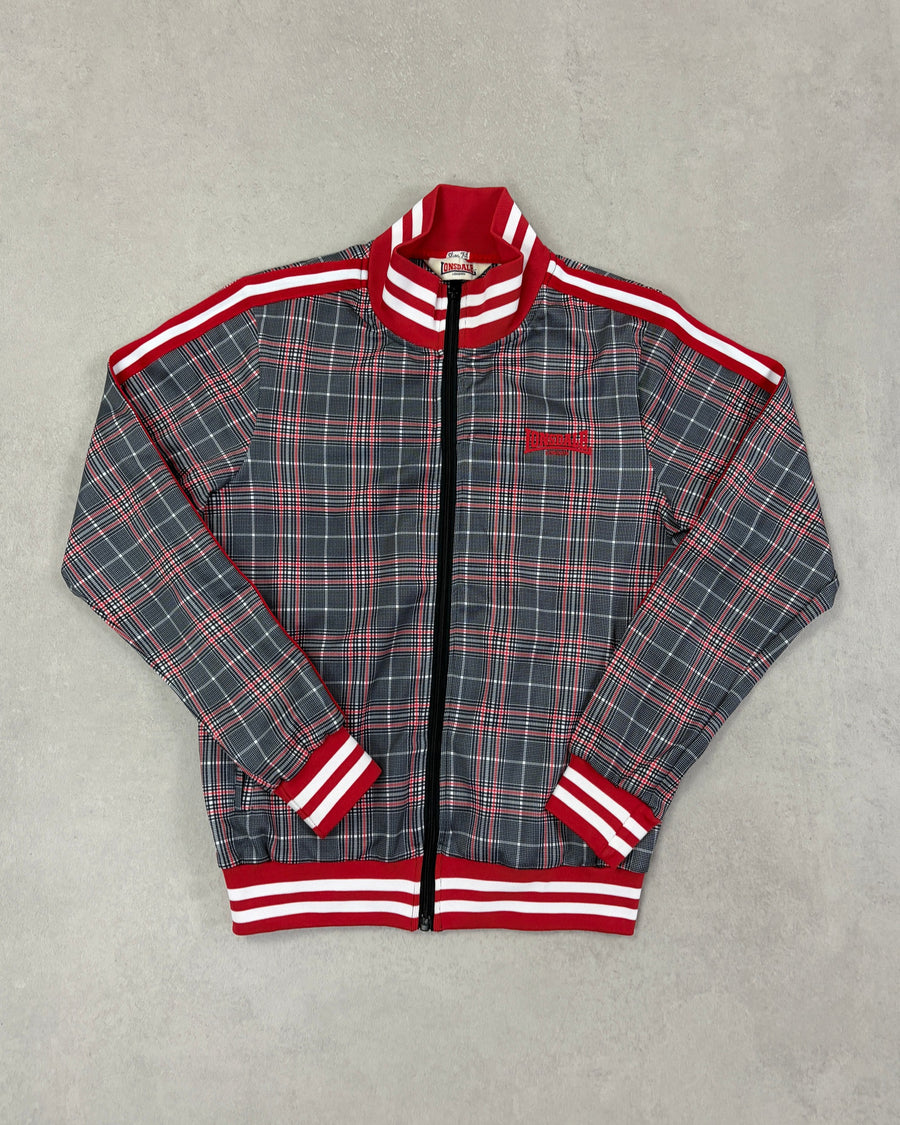 Lonsdale Trainingsjacke Glencheck Grau-Rot Slim Fit Größe S – Vorderseite