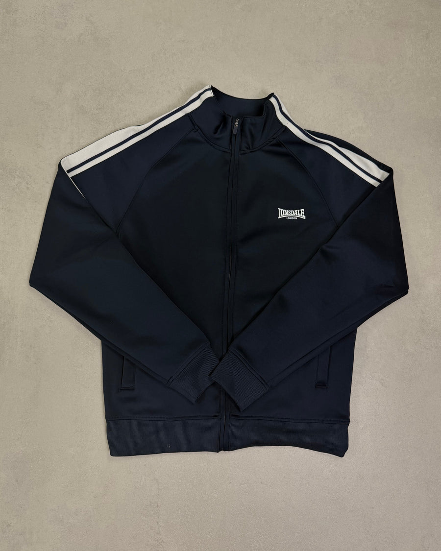 Lonsdale Trainingsjacke Navy mit weißen Schulterstreifen Größe S – Vorderseite