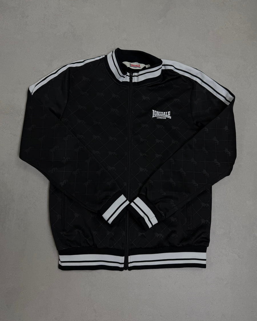 Lonsdale Trainingsjacke Schwarz mit Allover-Löwen Größe M – Vorderseite