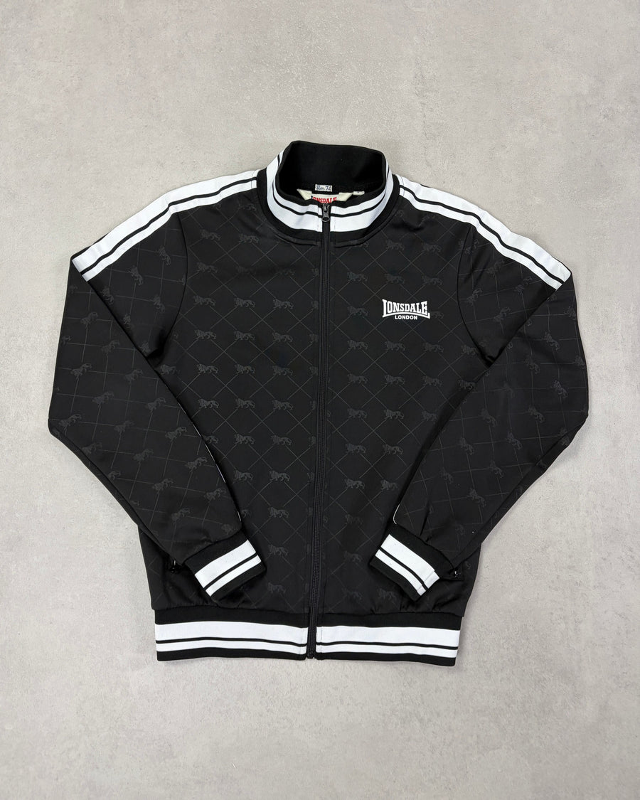 Lonsdale Trainingsjacke Schwarz mit Allover-Löwen Slim Fit Größe S – Vorderseite