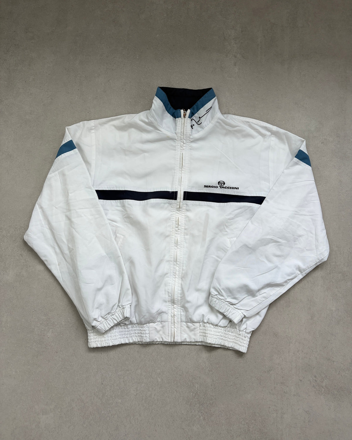 Sergio Tacchini Jacke Weiß mit Navy-Streifen Größe M – Vorderseite