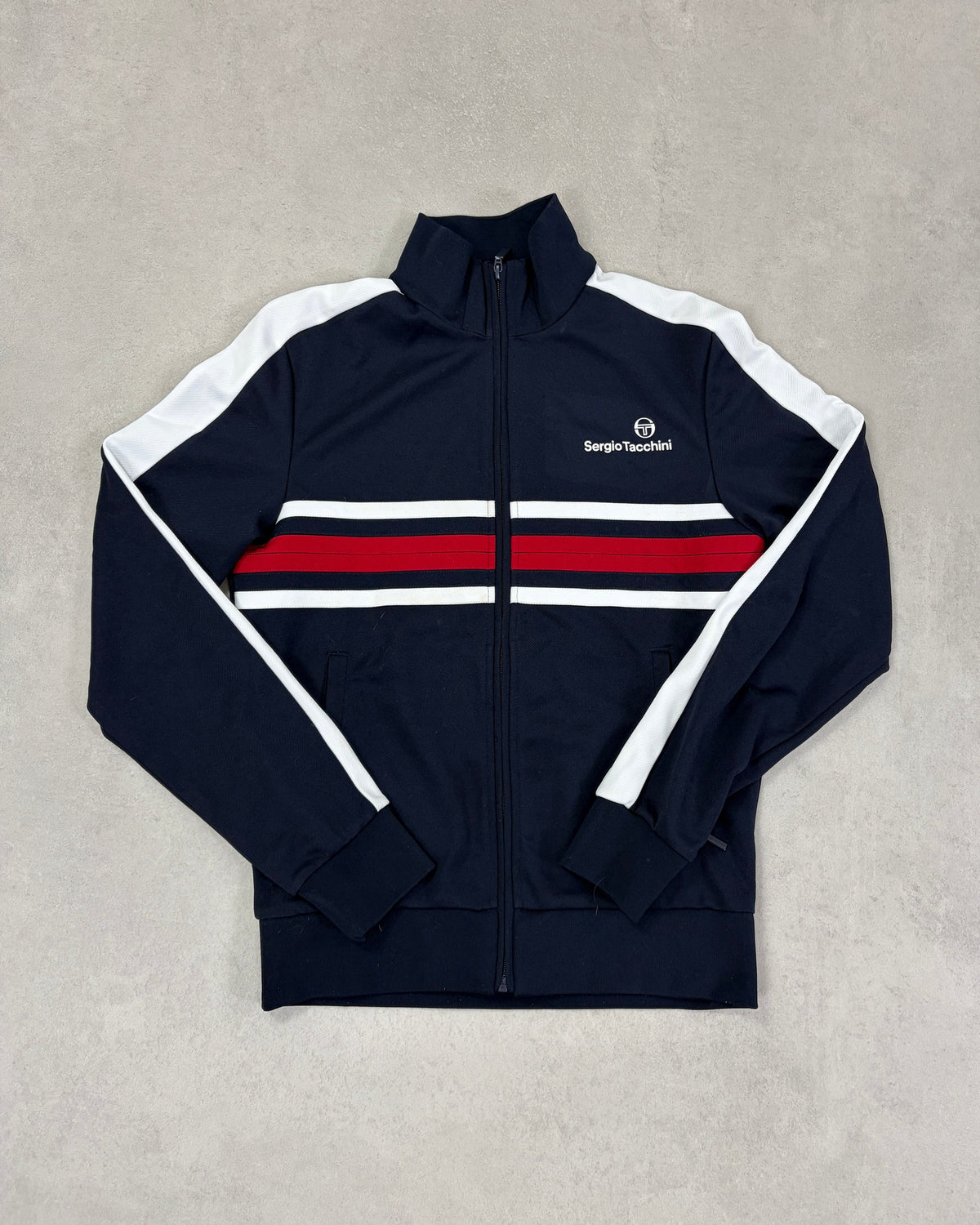 Sergio Tacchini Trainingsjacke Navy mit Creme-Rot-Streifen Größe M – Vorderseite