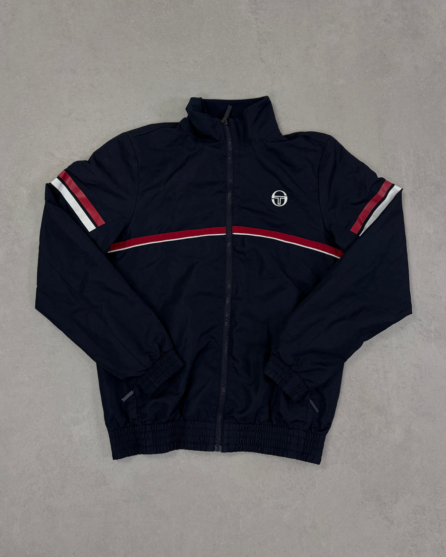 Sergio Tacchini Trainingsjacke Navy mit Rot-Weiß-Streifen Größe S – Vorderseite